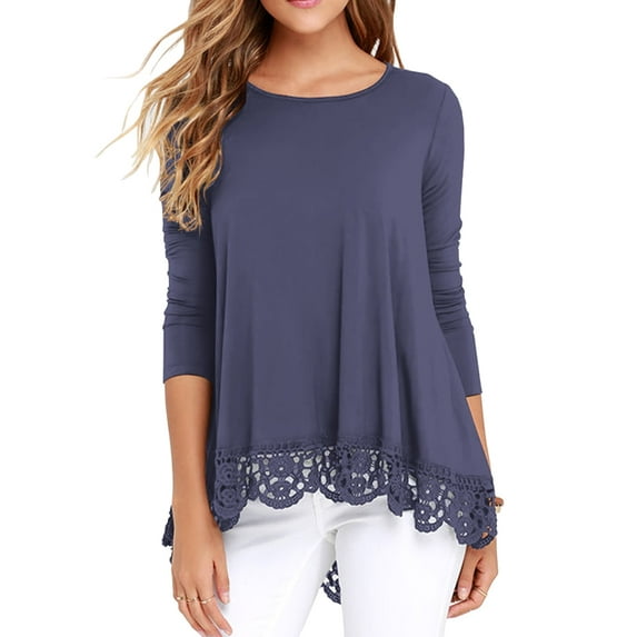 JWD Women's Tops Long Sleeve Lace Trim O-Neck A Line Tunic Blouse Purple Gray-X-Large