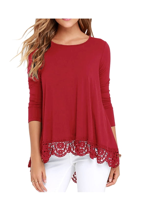 Women's Tops Long Sleeve Lace Trim O-Neck A Line Tunic Blouse Red-X-Large