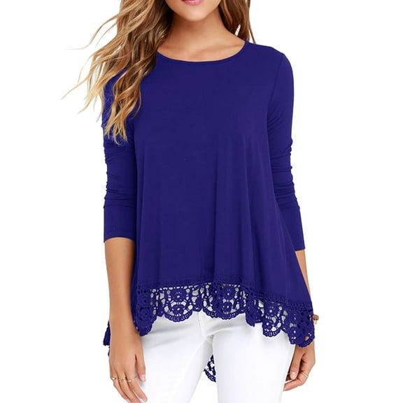 JWD Women's Tops Long Sleeve Lace Trim O-Neck A Line Tunic Blouse Royal Blue-Large