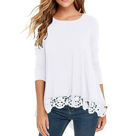 JWD Women's Tops Long Sleeve Lace Trim O-Neck A Line Tunic Blouse White-XX-Large
