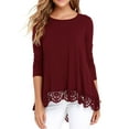 thumbnail image 1 of JWD Women's Tops Long Sleeve Lace Trim O-Neck A Line Tunic Blouse Wine Red-Small, 1 of 5