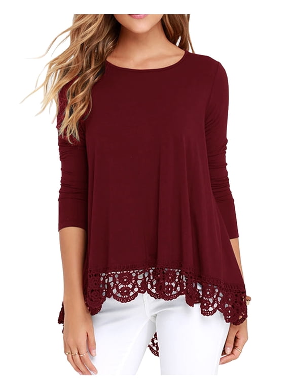 Women's Tops Long Sleeve Lace Trim O-Neck A Line Tunic Blouse Wine Red-X-Large