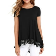 JWD Women's Tops Short Sleeve Lace Trim O-Neck A Line Tunic Blouse Black-Large