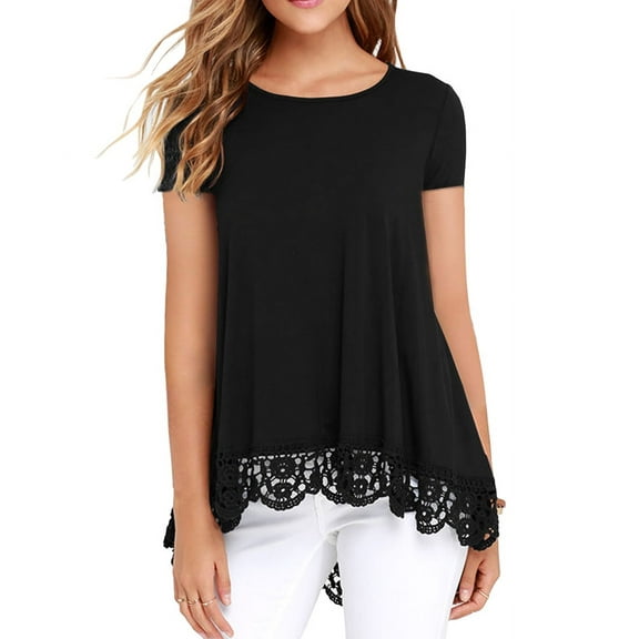 JWD Women's Tops Short Sleeve Lace Trim O-Neck A Line Tunic Blouse Black-Large