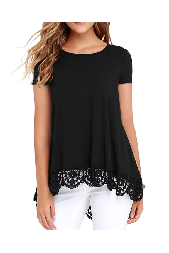 Women's Tops Short Sleeve Lace Trim O-Neck A Line Tunic Blouse Black-Small
