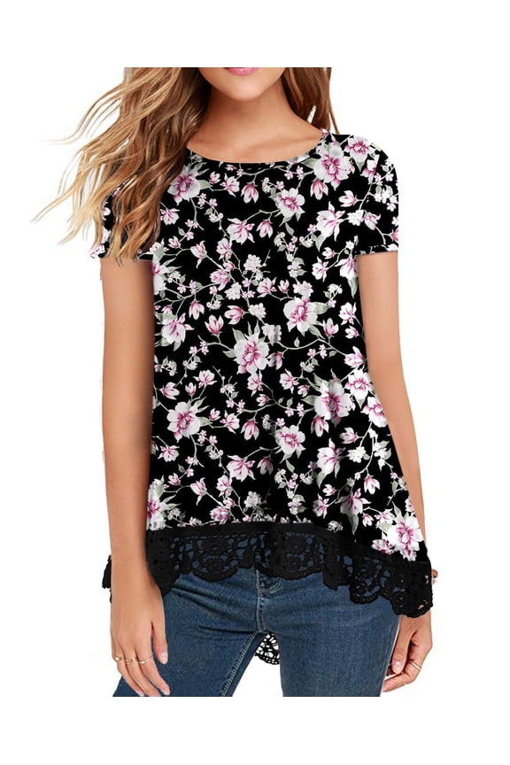 Women's Tops Short Sleeve Lace Trim O-Neck A Line Tunic Blouse FP Black-Pink-S