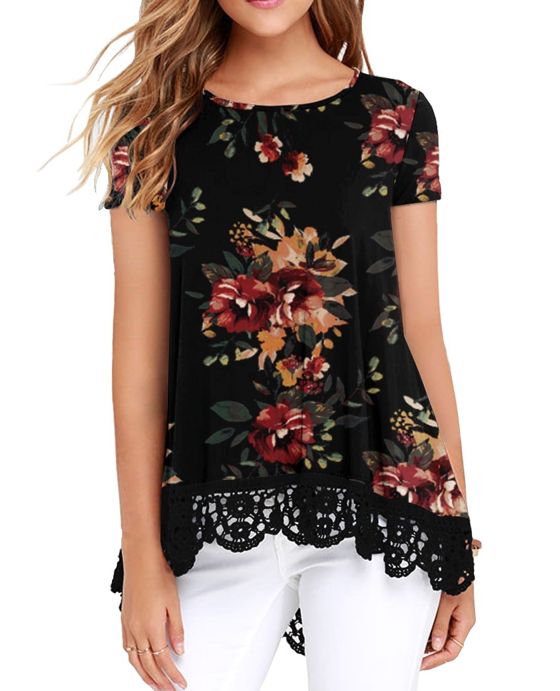 JWD Women's Tops Short Sleeve Lace Trim O-Neck A Line Tunic Blouse FP Brown Black-M