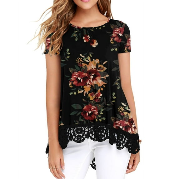 JWD Women's Tops Short Sleeve Lace Trim O-Neck A Line Tunic Blouse FP Brown Black-S