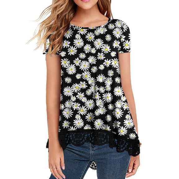 JWD Women's Tops Short Sleeve Lace Trim O-Neck A Line Tunic Blouse FP Daisy-Black-M