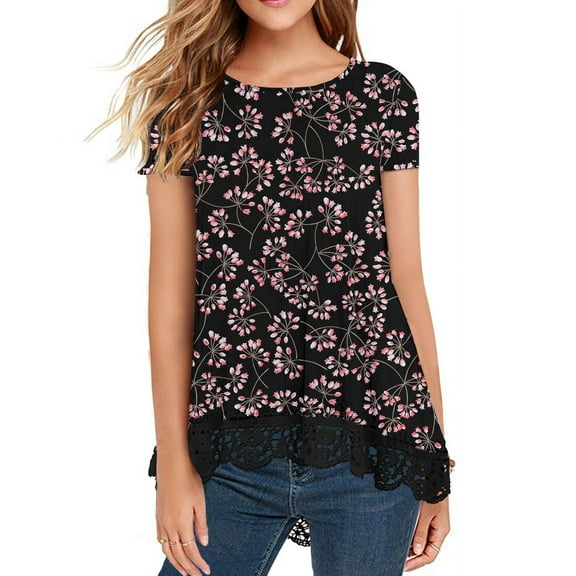 JWD Women's Tops Short Sleeve Lace Trim O-Neck A Line Tunic Blouse FP Gypsophila Black-XL