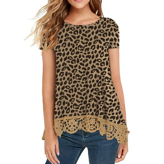 JWD Women's Tops Short Sleeve Lace Trim O-Neck A Line Tunic Blouse FP Panther khaki-2XL