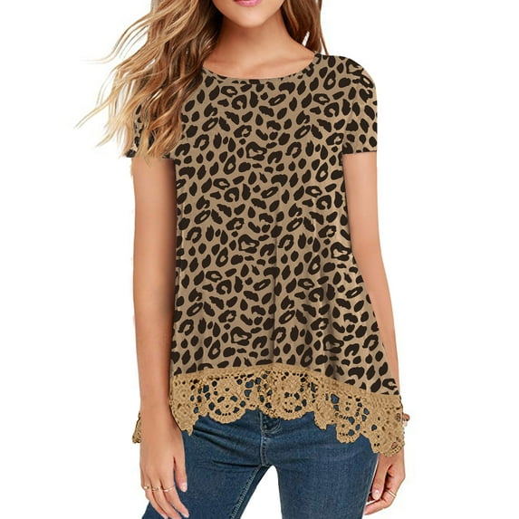 JWD Women's Tops Short Sleeve Lace Trim O-Neck A Line Tunic Blouse FP Panther khaki-L