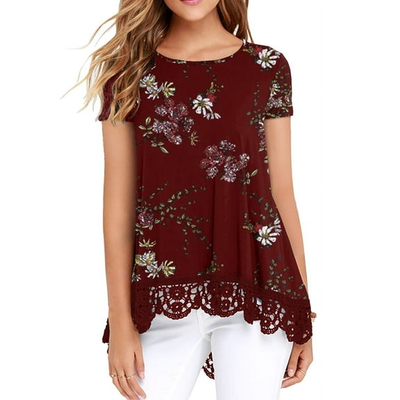 JWD Women's Tops Short Sleeve Lace Trim O-Neck A Line Tunic Blouse FP Wine Red-L