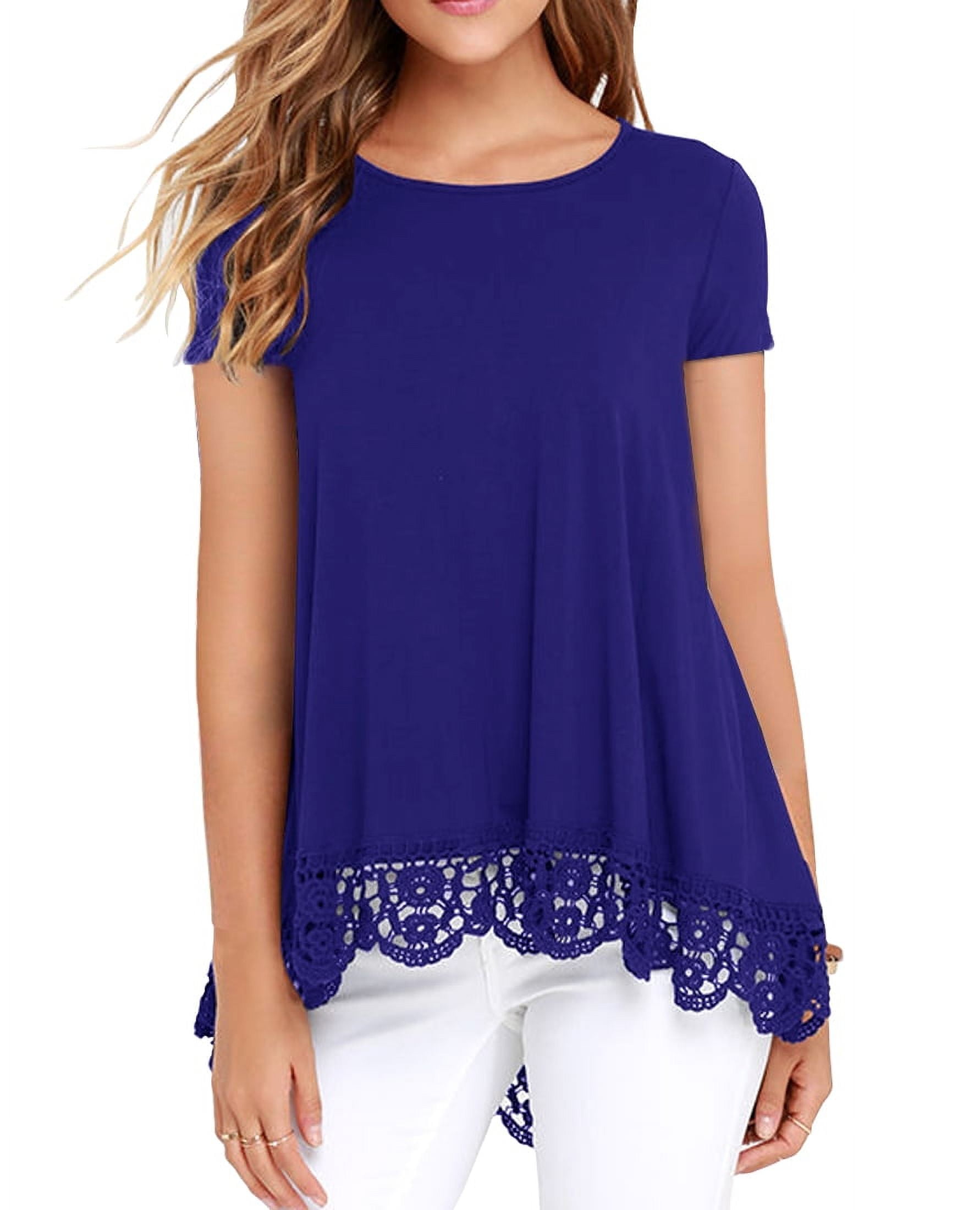 JWD Women's Tops Short Sleeve Lace Trim O-Neck A Line Tunic Blouse Royal Blue-Large