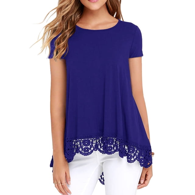 JWD Women's Tops Short Sleeve Lace Trim O-Neck A Line Tunic Blouse Royal Blue-X-Large