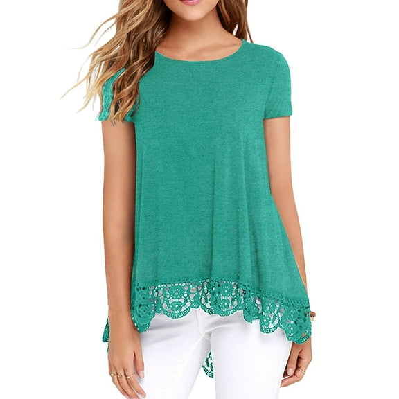 JWD Women's Tops Short Sleeve Lace Trim O-Neck A Line Tunic Blouse VG Blue Green-Small
