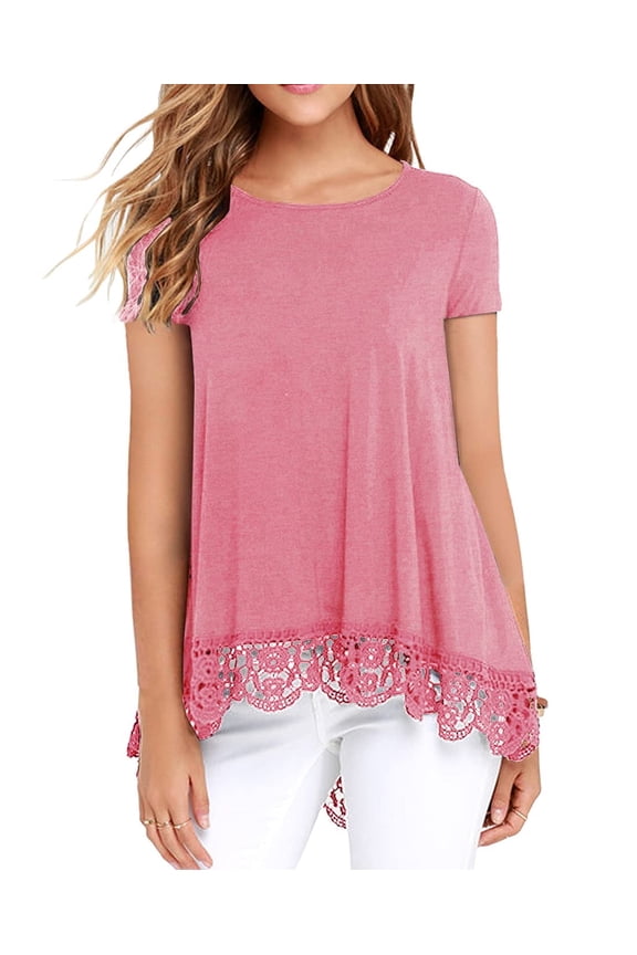 Women's Tops Short Sleeve Lace Trim O-Neck A Line Tunic Blouse VG Pink-Large