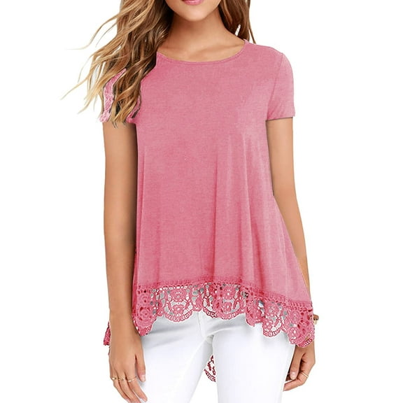 JWD Women's Tops Short Sleeve Lace Trim O-Neck A Line Tunic Blouse VG Pink-XX-Large