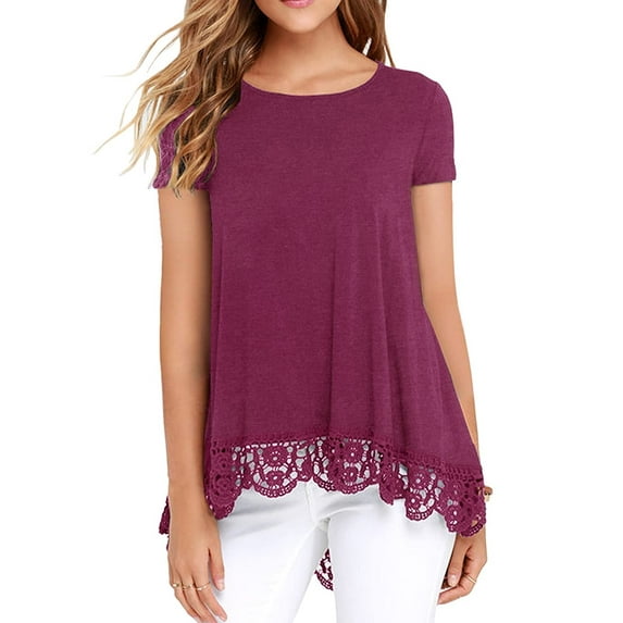JWD Women's Tops Short Sleeve Lace Trim O-Neck A Line Tunic Blouse VG Rose Red-Large