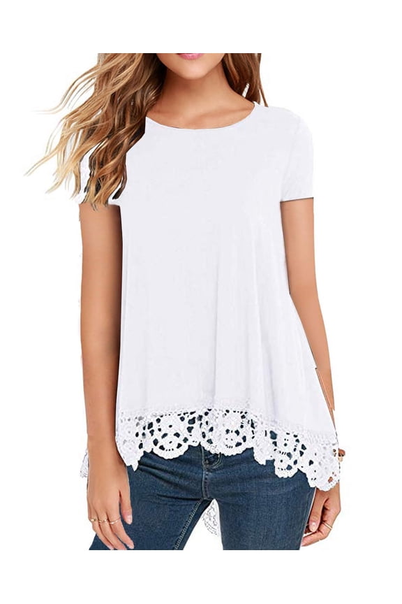Women's Tops Short Sleeve Lace Trim O-Neck A Line Tunic Blouse White-Large
