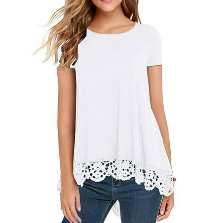 JWD Women's Tops Short Sleeve Lace Trim O-Neck A Line Tunic Blouse White-Small