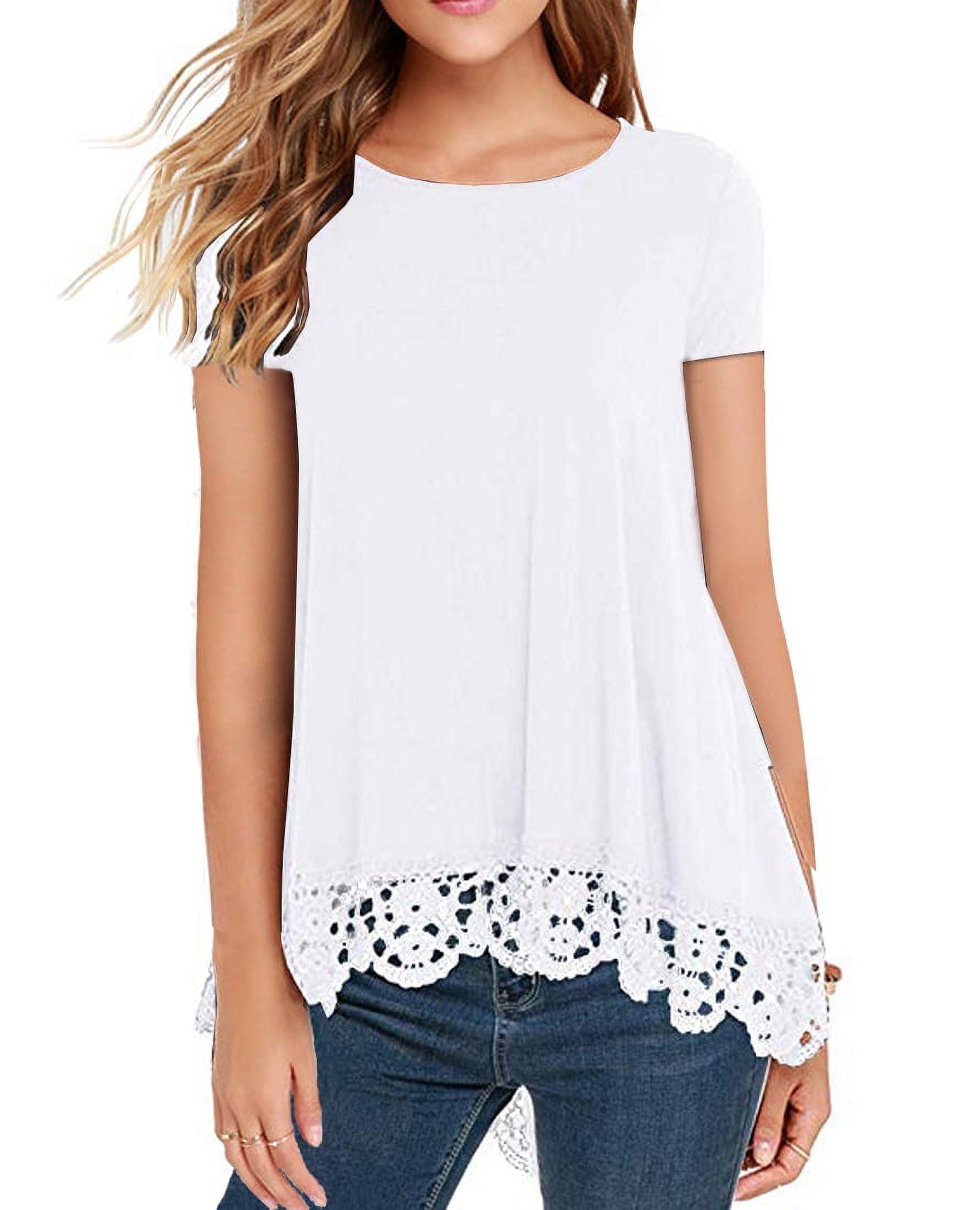 Women's Tops Short Sleeve Lace Trim O-Neck A Line Tunic Blouse White-XX-Large