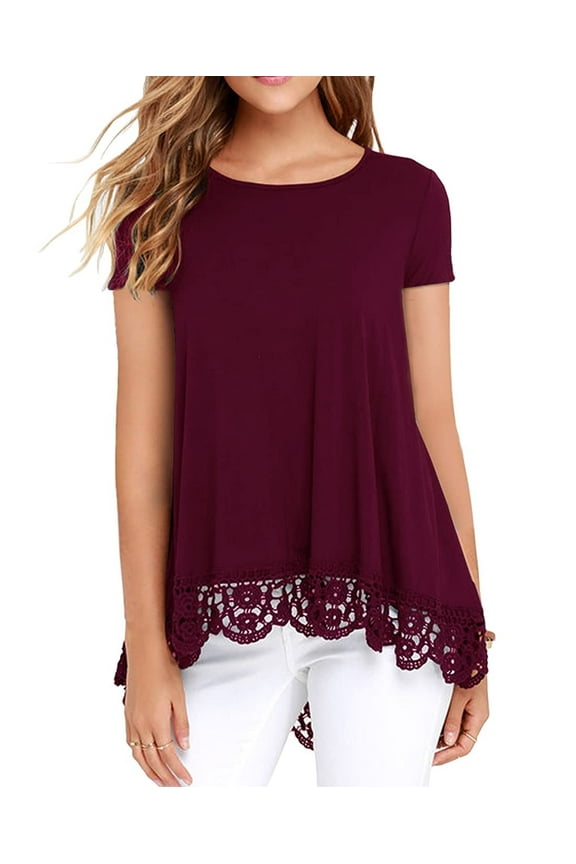 Women's Tops Short Sleeve Lace Trim O-Neck A Line Tunic Blouse Wine Red-Large