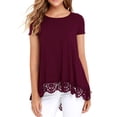 thumbnail image 1 of JWD Women's Tops Short Sleeve Lace Trim O-Neck A Line Tunic Blouse Wine Red-Small, 1 of 7
