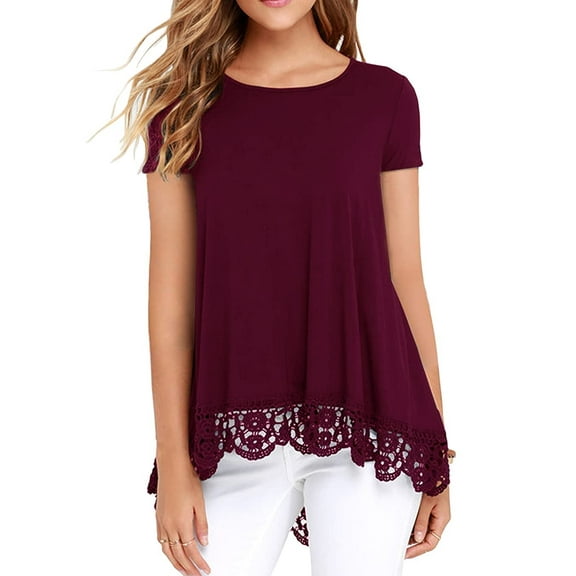 JWD Women's Tops Short Sleeve Lace Trim O-Neck A Line Tunic Blouse Wine Red-XX-Large