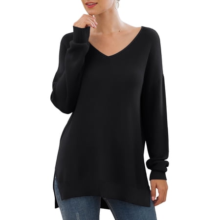 JWD Women's V-Neck Long Sleeve Side Split Loose Casual Knit Pullover Sweater Blouse Black-Small