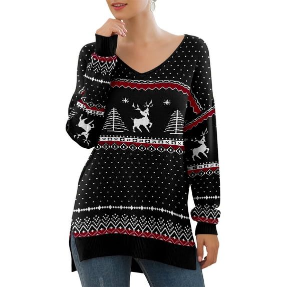 JWD Women's V-Neck Long Sleeve Side Split Loose Casual Knit Pullover Sweater Blouse FP Elk Black-Large