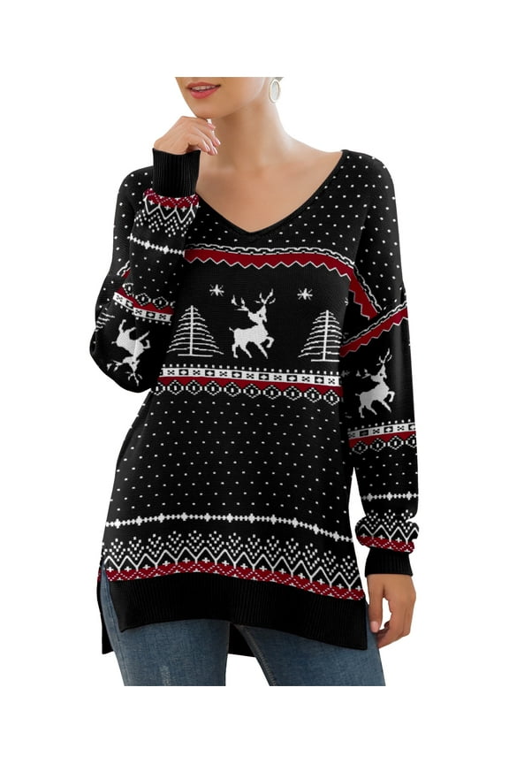 Women's V-Neck Long Sleeve Side Split Loose Casual Knit Pullover Sweater Blouse FP Elk Black-Small