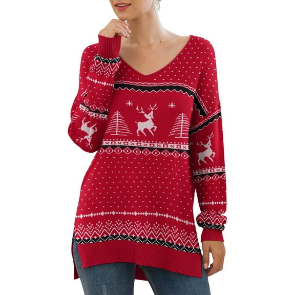 JWD Women's V-Neck Long Sleeve Side Split Loose Casual Knit Pullover Sweater Blouse FP Elk Red-X-Large