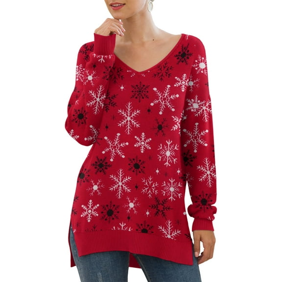 JWD Women's V-Neck Long Sleeve Side Split Loose Casual Knit Pullover Sweater Blouse FP Snow Red-Large