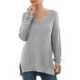 thumbnail image 1 of JWD Women's V-Neck Long Sleeve Side Split Loose Casual Knit Pullover Sweater Blouse Gray-Small, 1 of 5