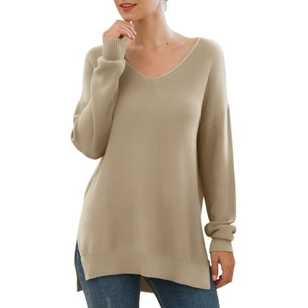JWD Women's V-Neck Long Sleeve Side Split Loose Casual Knit Pullover Sweater Blouse Khaki-XX-Large