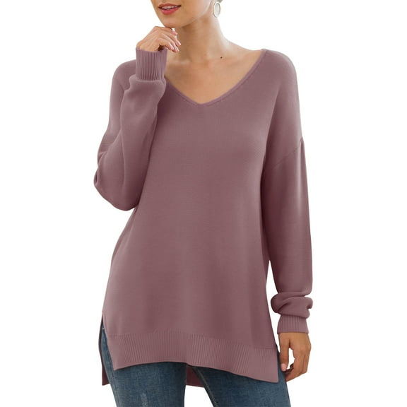 JWD Women's V-Neck Long Sleeve Side Split Loose Casual Knit Pullover Sweater Blouse Red Gray-Large