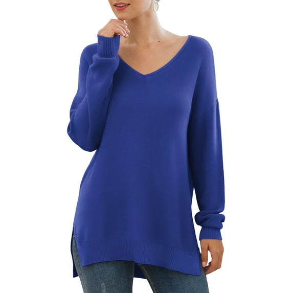 JWD Women's V-Neck Long Sleeve Side Split Loose Casual Knit Pullover Sweater Blouse Royal Blue-XX-Large
