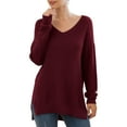 thumbnail image 1 of JWD Women's V-Neck Long Sleeve Side Split Loose Casual Knit Pullover Sweater Blouse Wine Red-Large, 1 of 5