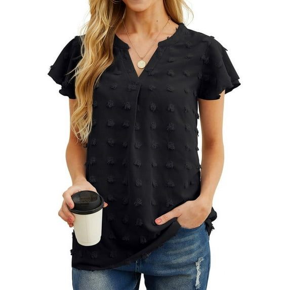 JWD Women’s V Neck Ruffle Short Sleeve Blouse Swiss Dot Flowy Shirt Summer Casual Lightweight Top Black-2XL
