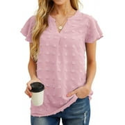 JWD Women’s V Neck Ruffle Short Sleeve Blouse Swiss Dot Flowy Shirt Summer Casual Lightweight Top Pink-L