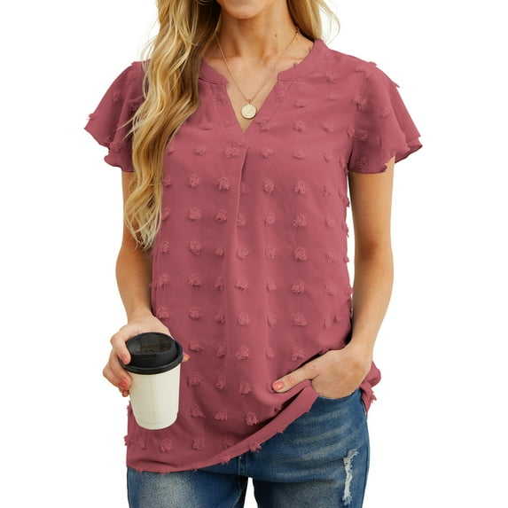 JWD Women’s V Neck Ruffle Short Sleeve Blouse Swiss Dot Flowy Shirt Summer Casual Lightweight Top Pink-M