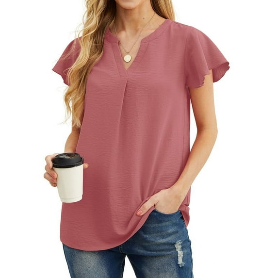 JWD Women’s V Neck Ruffle Solid color Short Sleeve Fashion Blouse Summer Casual Lightweight Top Brick Red-2XL