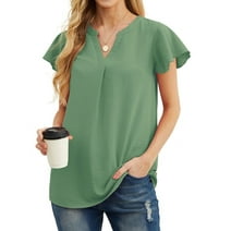 JWD Women’s V Neck Ruffle Solid color Short Sleeve Fashion Blouse Summer Casual Lightweight Top Green-L