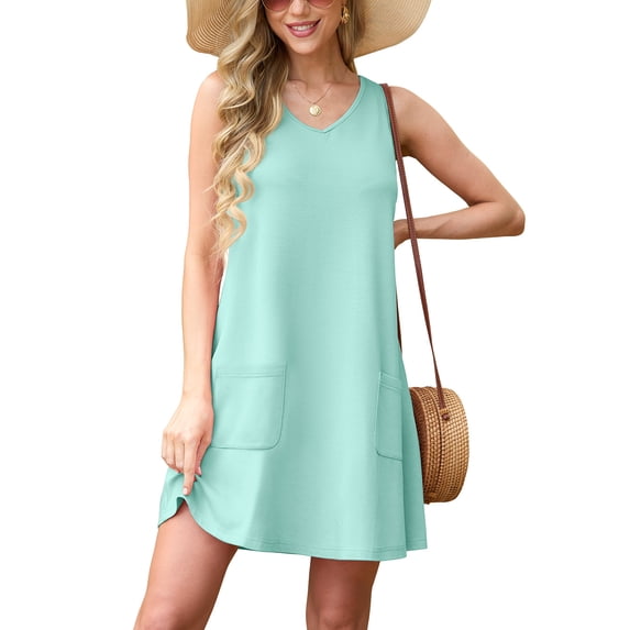 JWD Women's V-Neck Sleeveless Casual T-Shirt Dress With Pockets - Summer Loose Fit Mini Sundress for Beach Vacation Mint Blue 2XL
