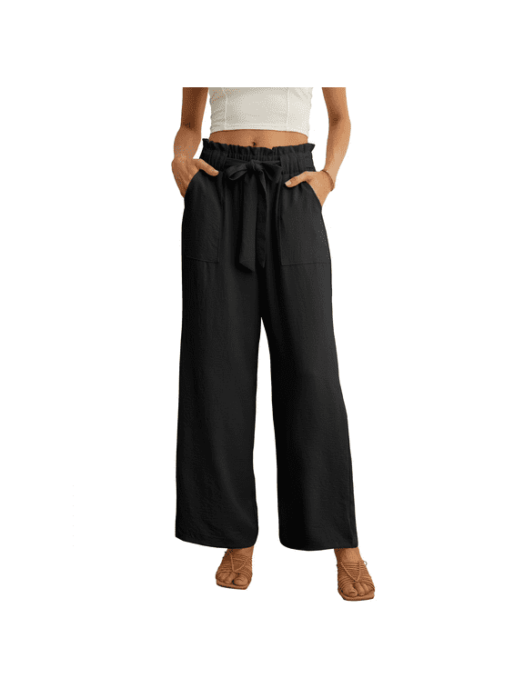 Women's Wide Leg Pants with Pockets High Waist Adjustable Knot Loose Casual Trousers Business Work Casual Pants Black Large
