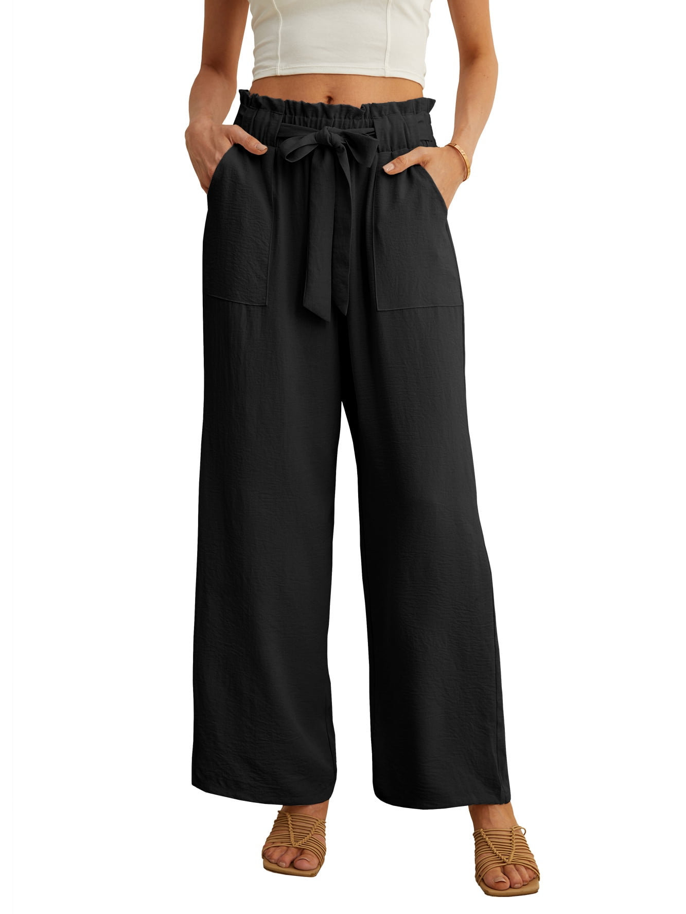 Chiclily Women's Wide Leg Pants with Pockets Lightweight High Waisted  Adjustable Tie Knot Loose Trousers Flowy Summer Beach Lounge Pants, US Size  Large in Dark Green 