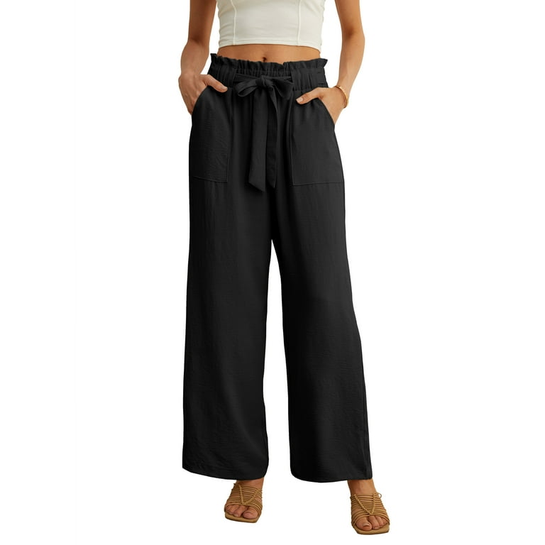 JWD Women's Wide Leg Pants With Pockets High Waist Adjustable Knot Loose  Casual Trousers Business Work Casual Pants Black X-Large 