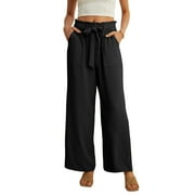 JWD Women's Wide Leg Pants With Pockets High Waist Adjustable Knot Loose Lightweight Casual Trousers Business Work Casual Pants Black XX-Large
