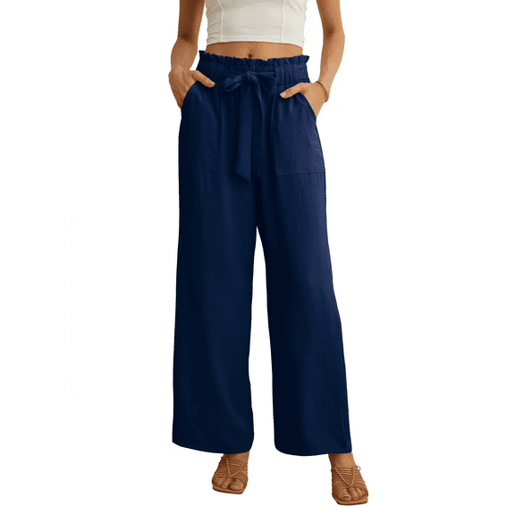 JWD Women's Wide Leg Pants with Pockets High Waist Adjustable Knot Loose Casual Trousers Business Work Casual Pants Dark Blue Medium